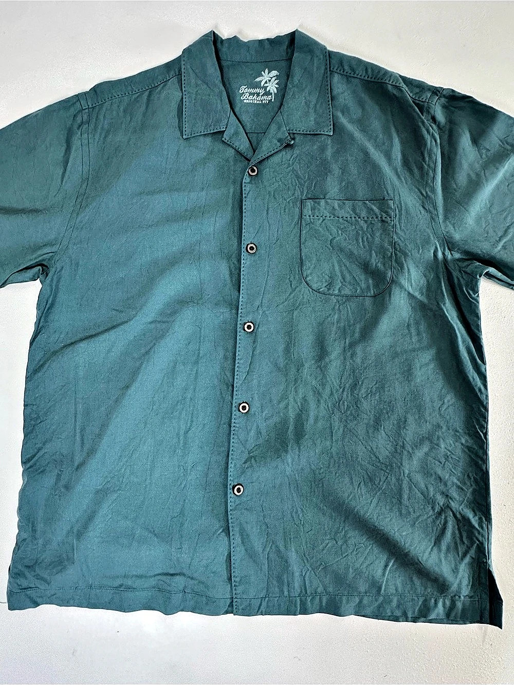 Tommy Bahama Silk Camp Shirt Mens L Teal Green Original Fit Silk Resort Wear